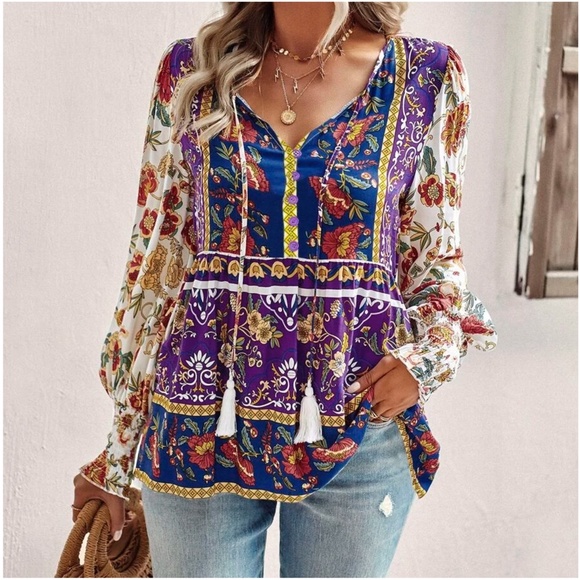 Tops - 018 Boho Floral Print Cottagecore Blouse